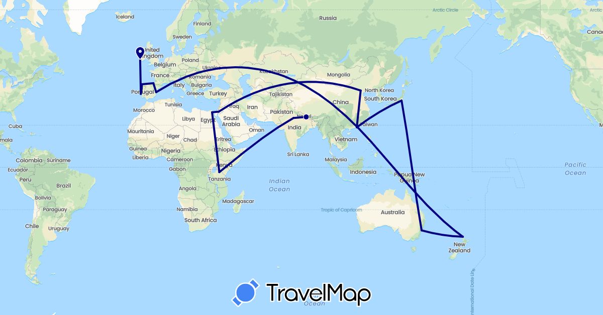 TravelMap itinerary: driving in Australia, China, Egypt, Spain, Ireland, India, Jordan, Japan, Nepal, New Zealand, Portugal, Tanzania (Africa, Asia, Europe, Oceania)